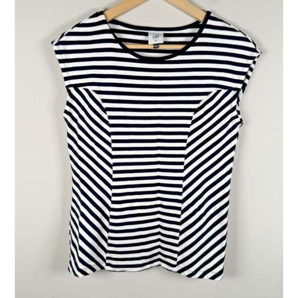Cabi Illusion Shirt Womens X White Black Stripe Cap Sleeve Pullover Stretch NEW - Picture 2 of 6